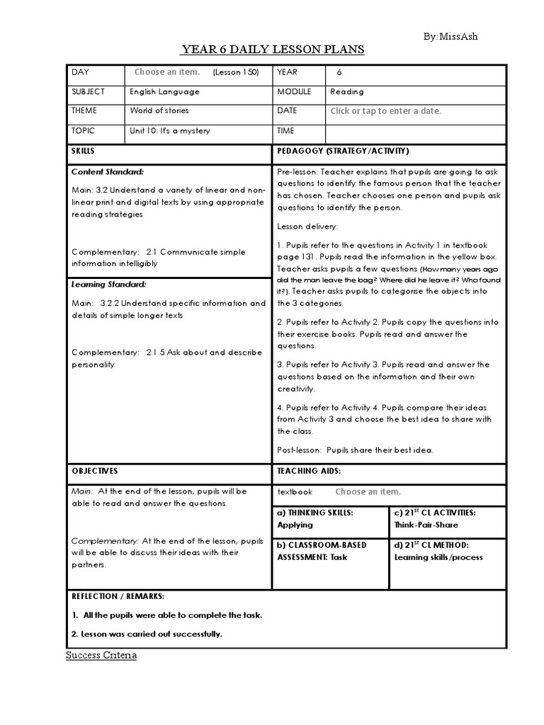 Year 6 daily lesson plans by missash pdf lesson plan teachers