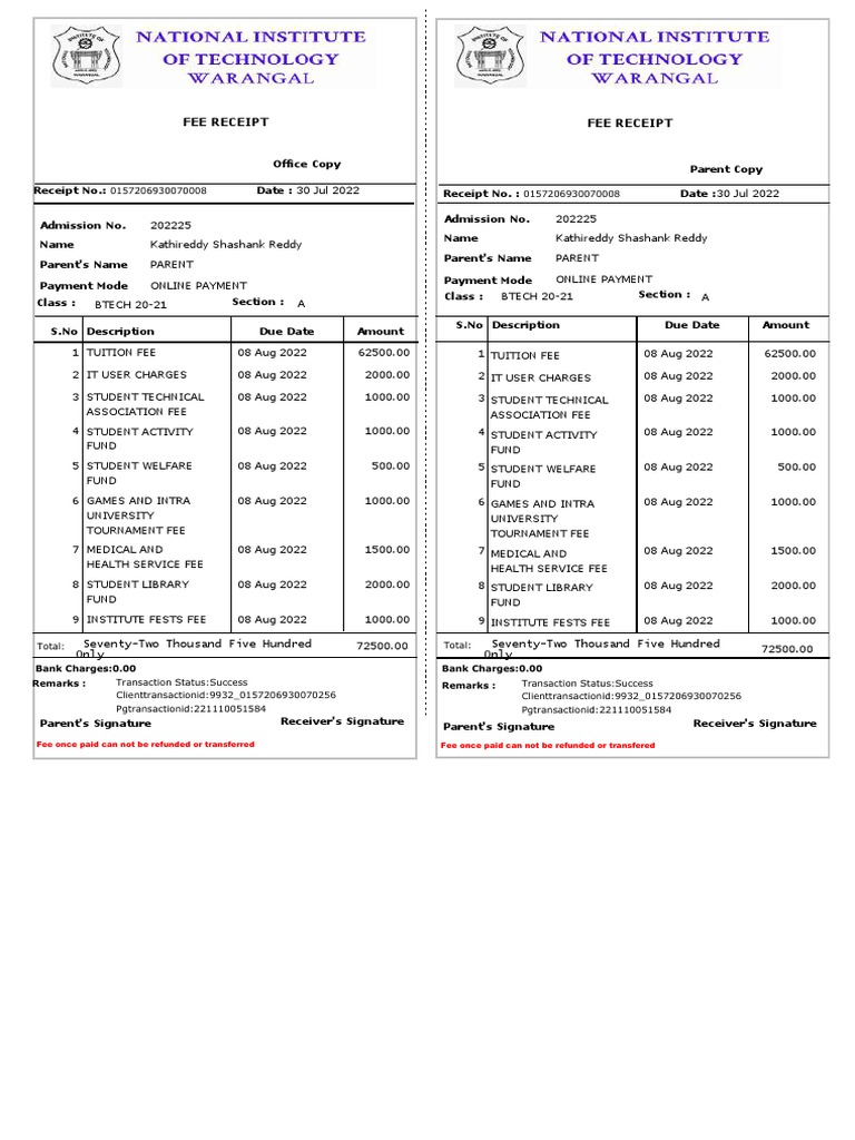 Fee Payment Receipt For Student | PDF | Fee | Receipt