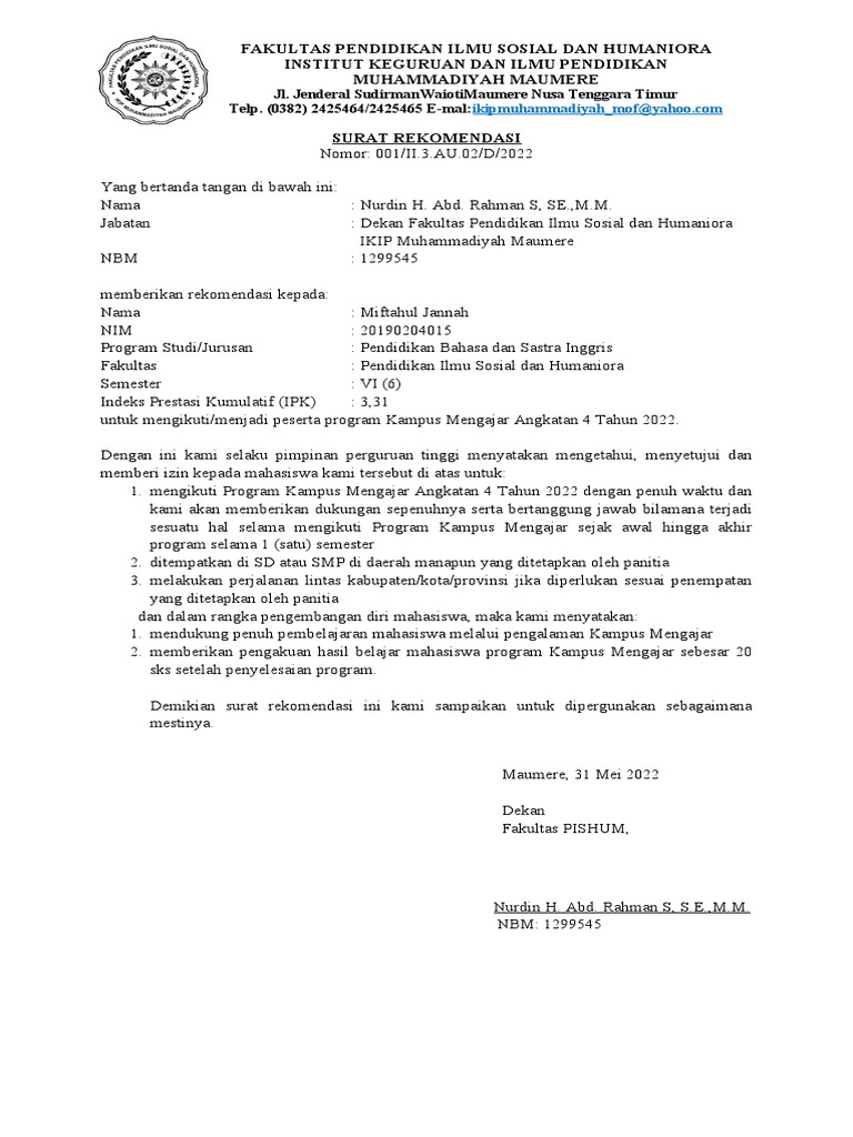 Surat - Rekomendasi Kampus Mengajar 4 2022 | PDF