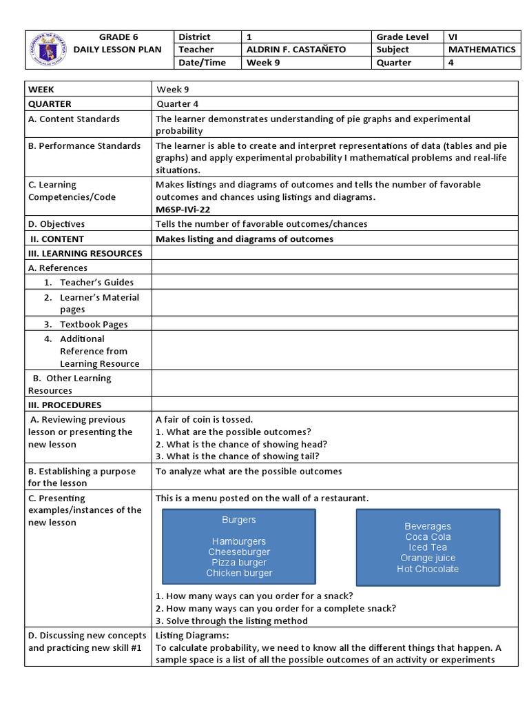 Grade 6 Q4 WEEK 9 | PDF | Learning | Probability