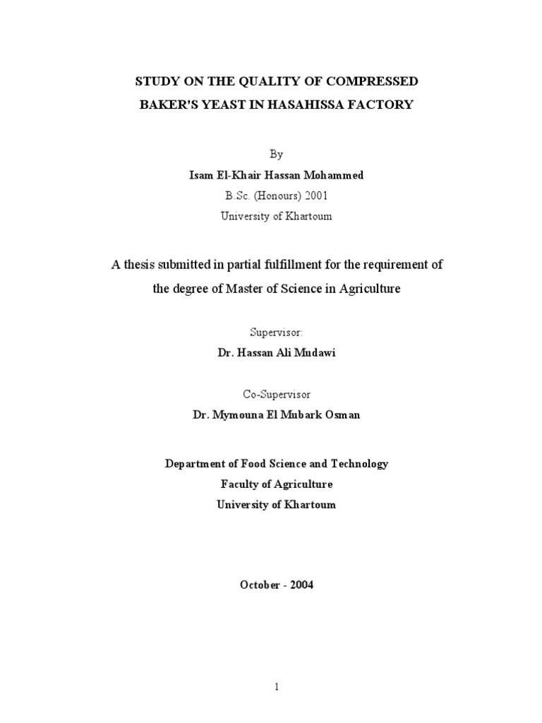 Study On The Quality of Compressed Baker's Yeast in Hasahissa Factory A