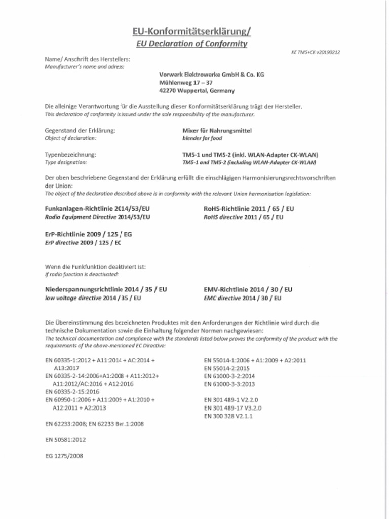 EGKonformitaetserklaerung Thermomix TM5 Inkl WLAN Adapter CKWLAN PDF