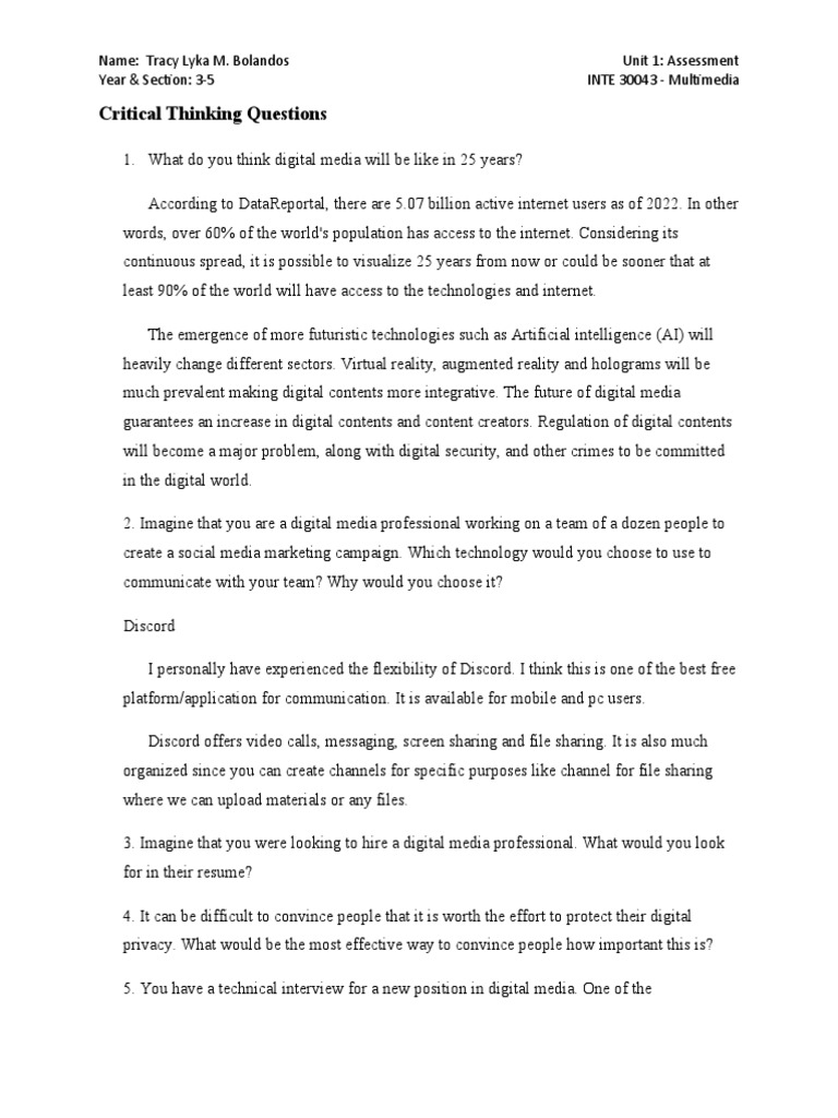 Critical Thinking Questions | PDF | Multimedia | Internet