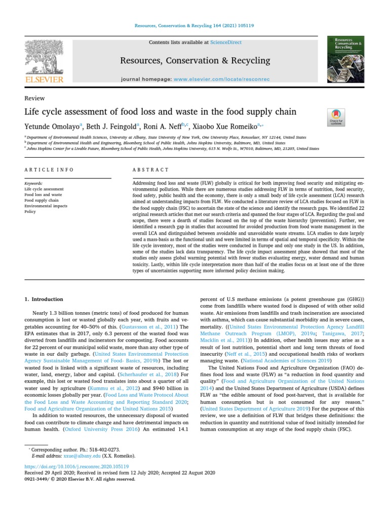 Life Cycle Assessment of Food Loss and Waste in The Food Supply Chain ...