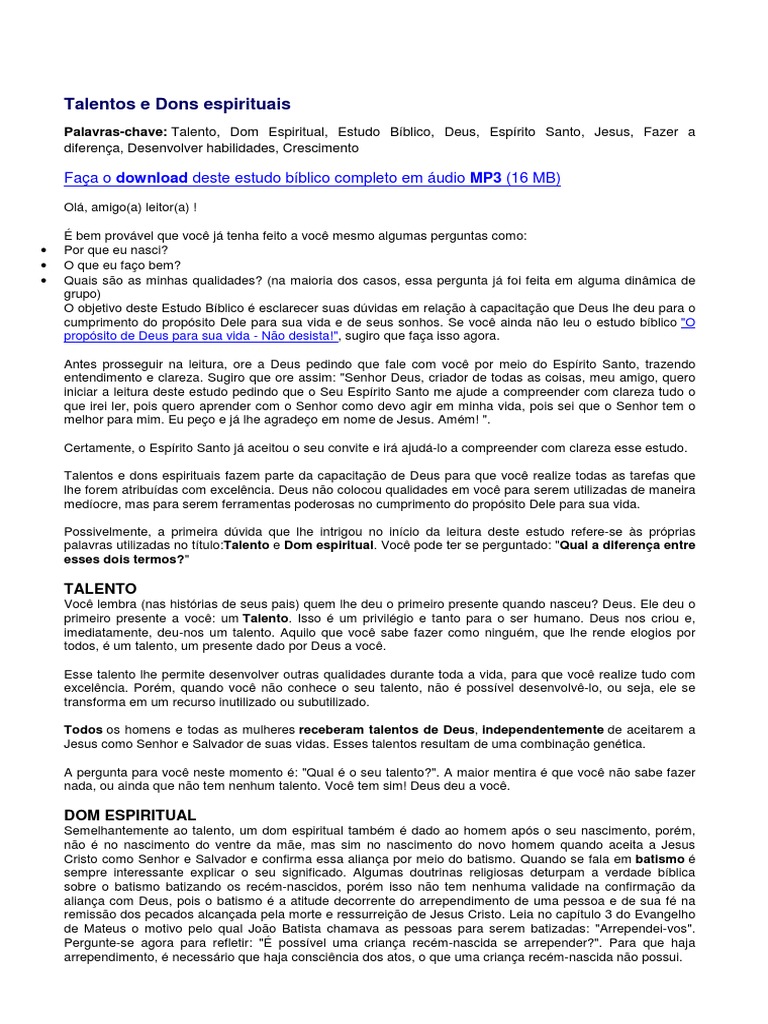 Talentos e Dons Espirituais | PDF | Presente espiritual | Jesus