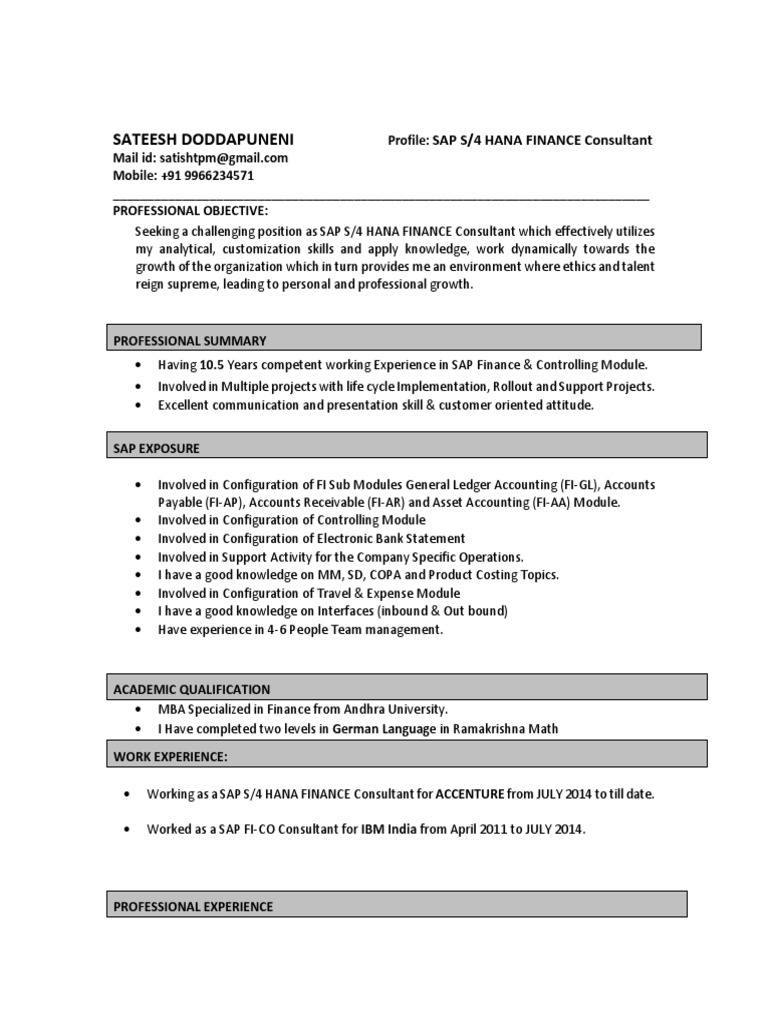 SAP S/4 HANA Finance Consultant CV | PDF | Consultant | Cost