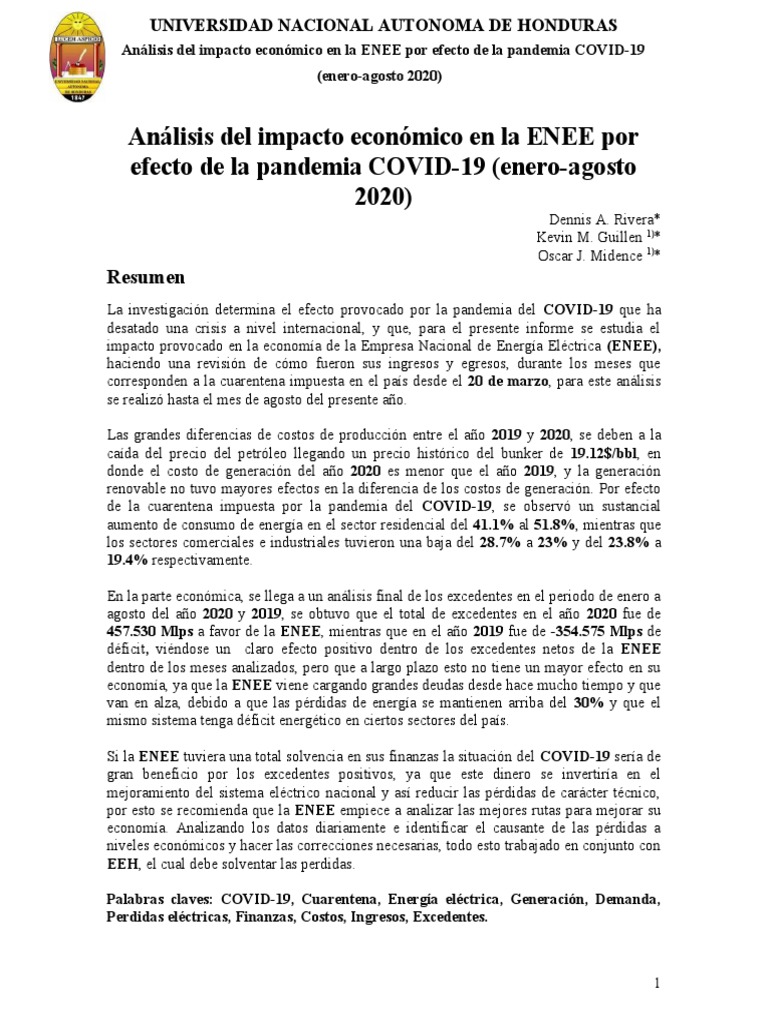 Análisis Del Impacto Económico en La ENEE Por Efecto de La Pandemia ...