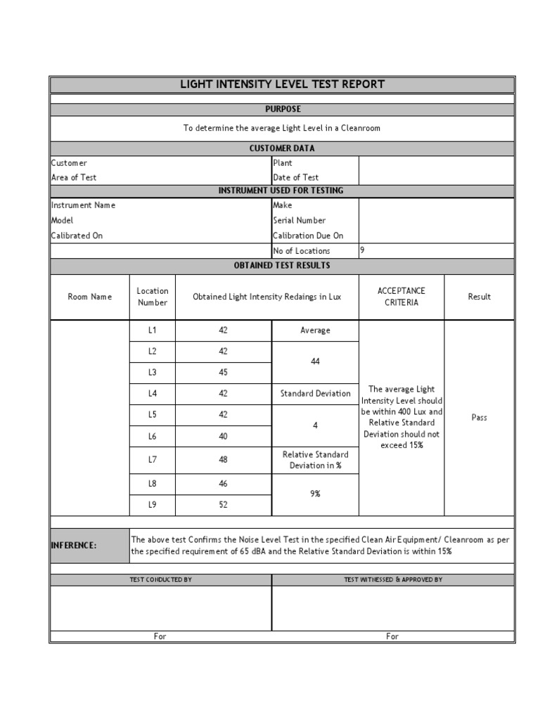 Lux Level Test Certificate Form PDF