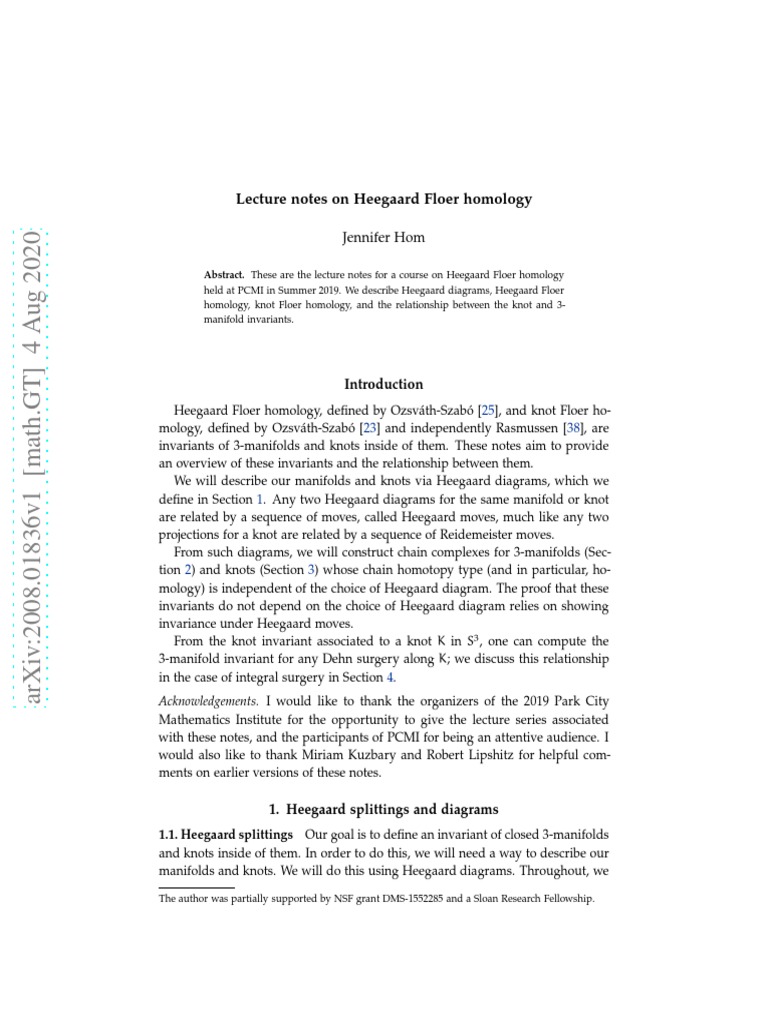 J. Hom Lecture Notes On Heegaard Floer Homology PDF Abstract Algebra Differential Geometry