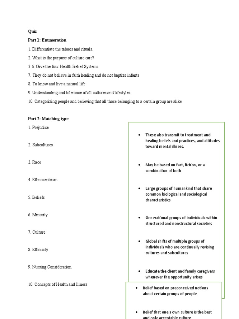Cultural Health Beliefs Quiz | PDF | Prejudices | Race (Human ...