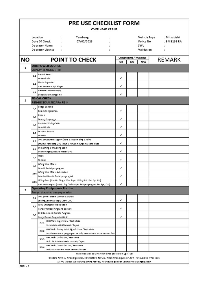Checklist OHC PDF Machines Equipment