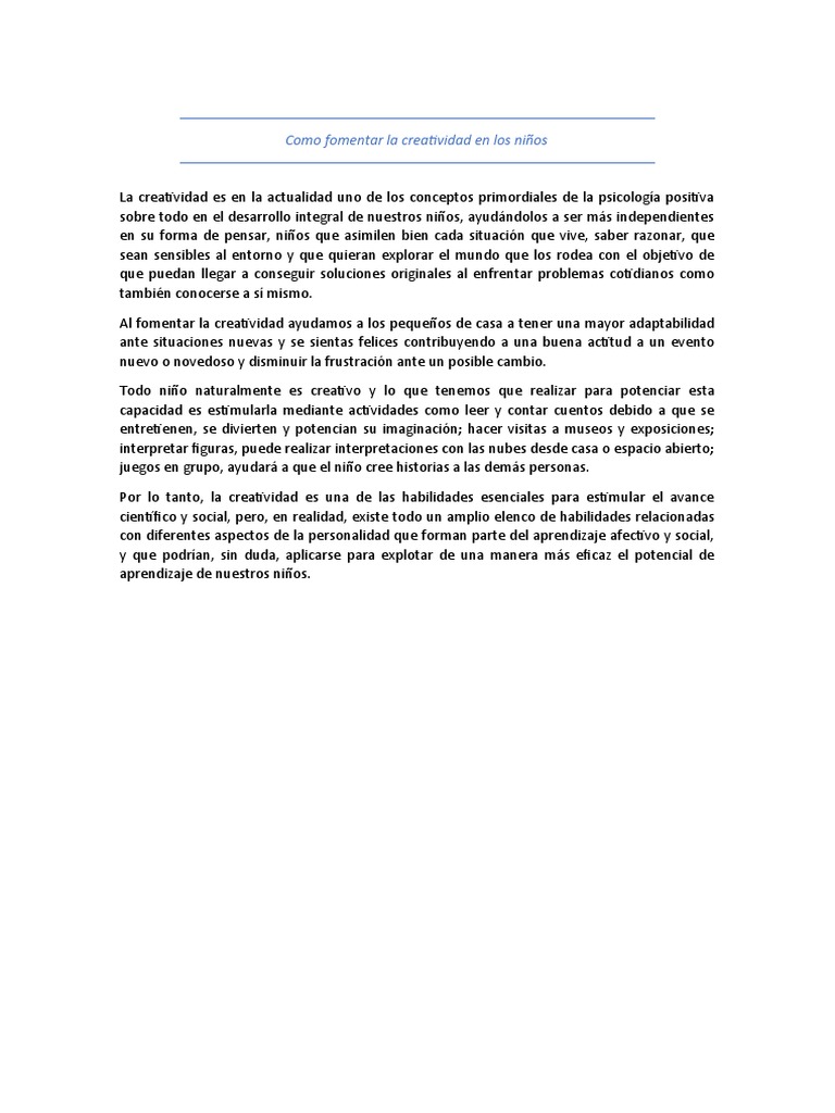 Como Fomentar La Creatividad En Los Niños Pdf