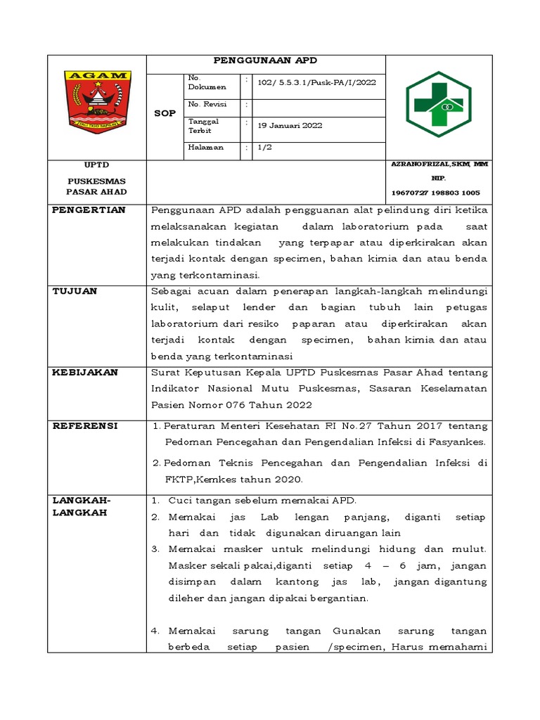 SOP Penggunaan APD di Laboratorium | PDF