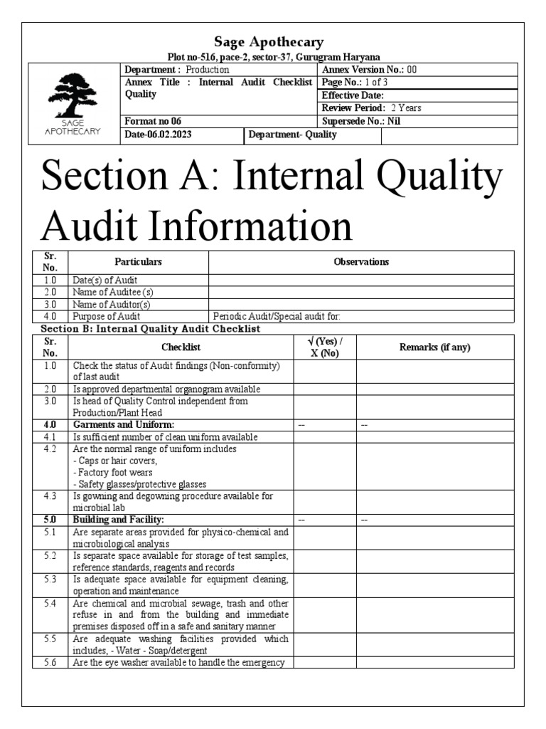 Internal Quality Audit Checklist | PDF | Technology & Engineering ...
