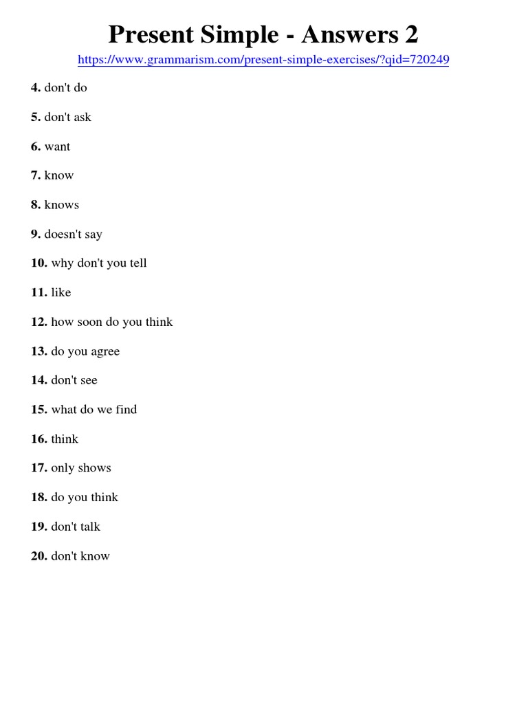 Grammarism Present Simple Test 2 Answers 2293187 | PDF
