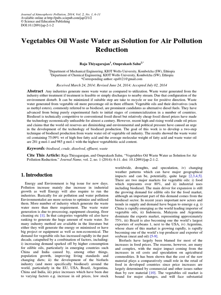 Vegetables Oil Waste Water As Solution For Air Pollution Reduction