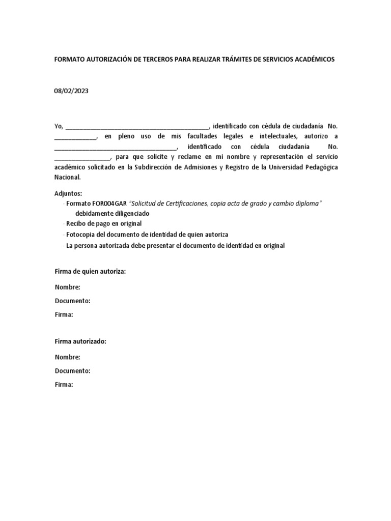 Formato Para Autorizacion De Terceros Paradigm Definition