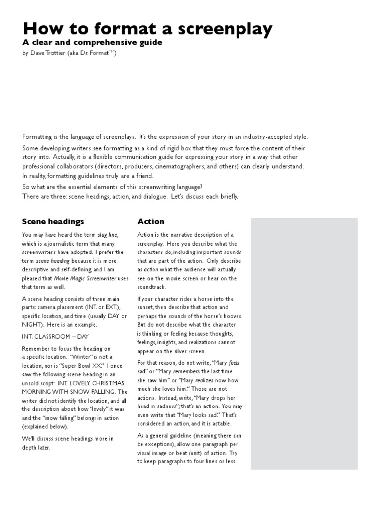 Screenplay Formatting Guide | PDF | Screenplay | Writing