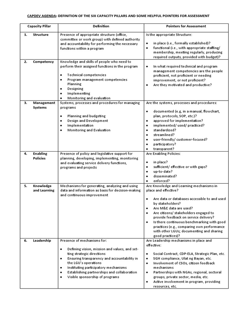 Definition CAPACITY PILLARS AND SOME HELPFUL POINTERS FOR ASSESSMENT