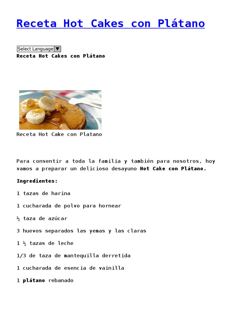 Receta Hot Cakes Con Plátano | PDF | Tortita | Preparación de comida y  bebida
