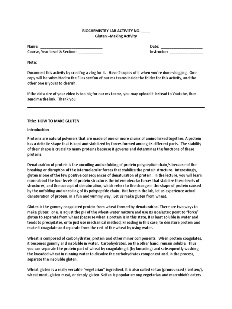 BIOCHEMISTRY Activity Gluten Making PDF Proteins Denaturation