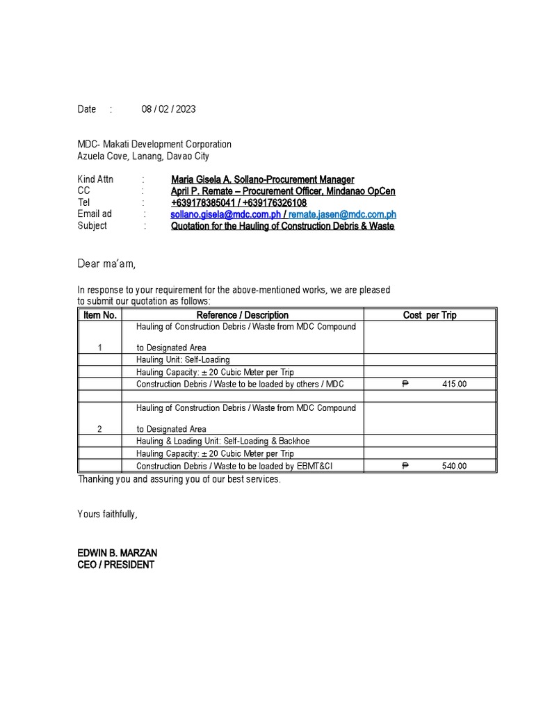 Quotation for Construction Debris Hauling | PDF
