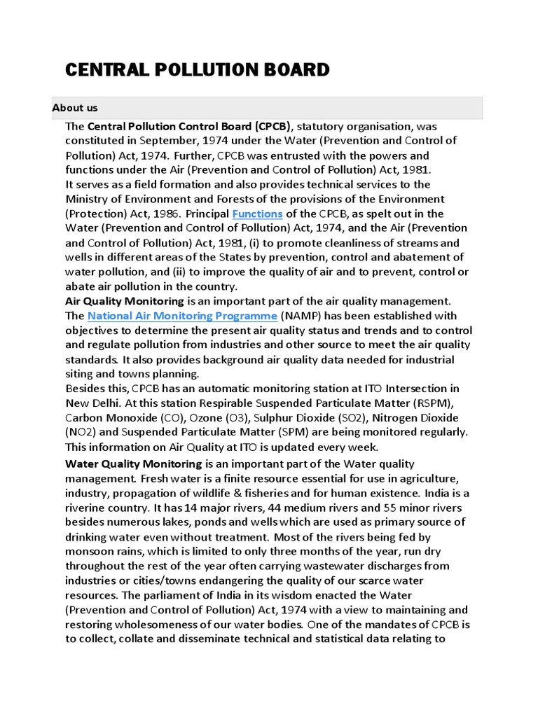 CPCB: Air and Water Pollution Control | PDF | Air Pollution | Sewage ...