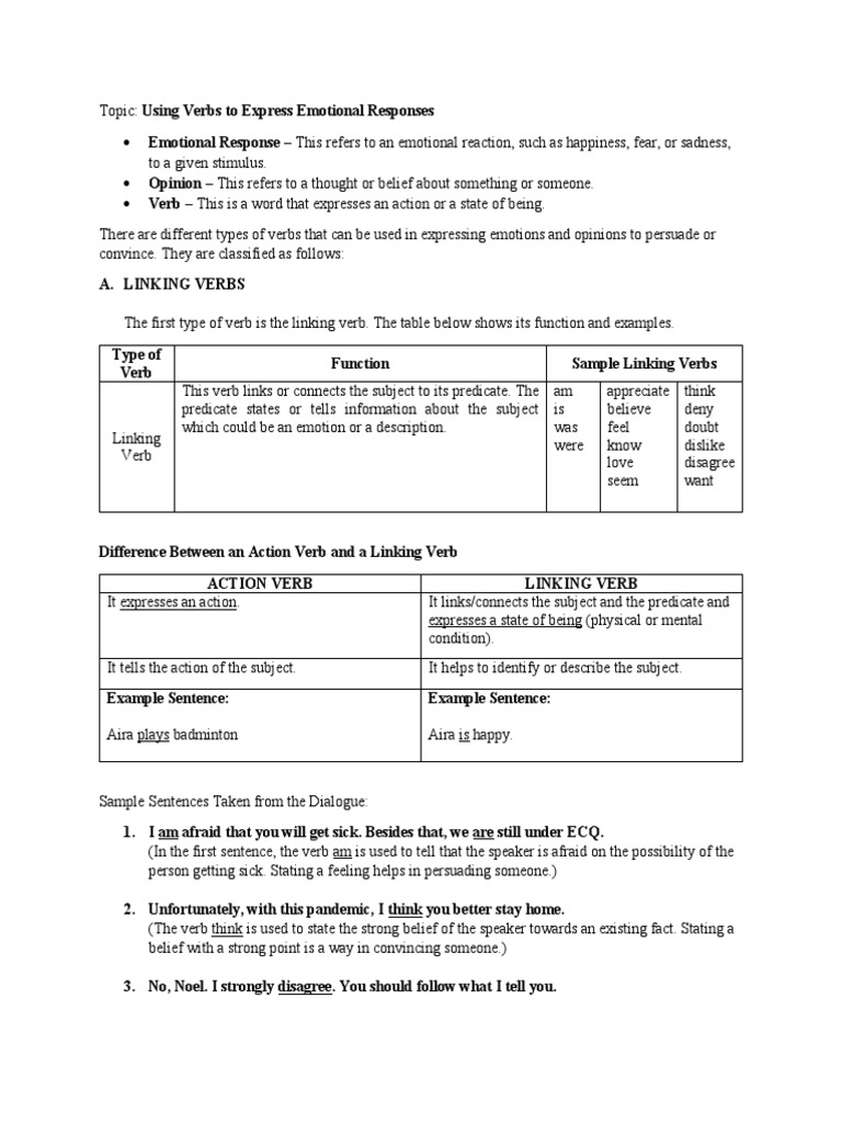 Verbs for Expressing Emotions | PDF | Subject (Grammar) | Verb