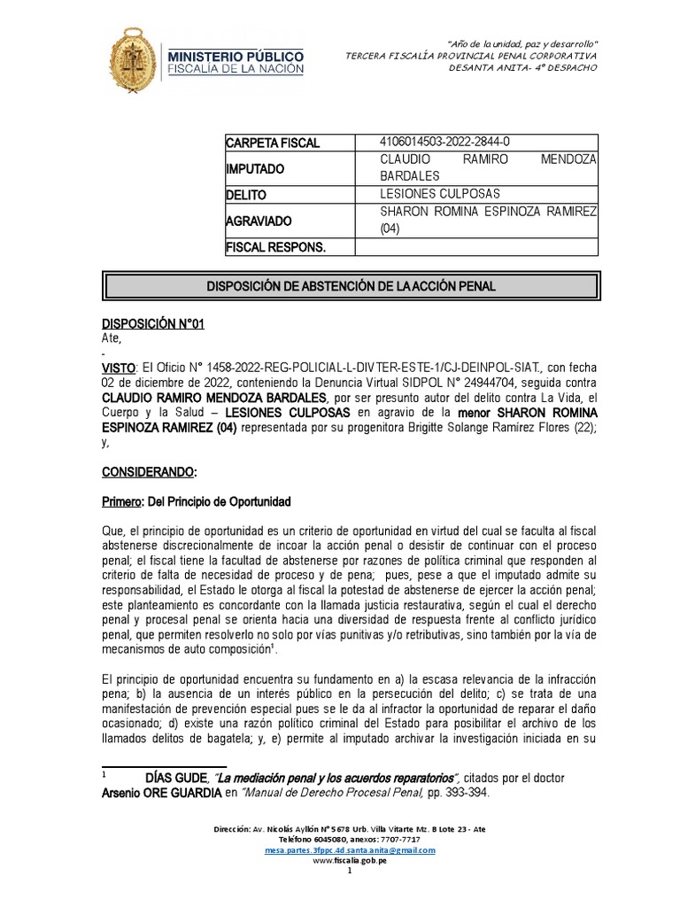 Disposicion De Abstencion Al Ejercicio De La Accion Penal Lesiones