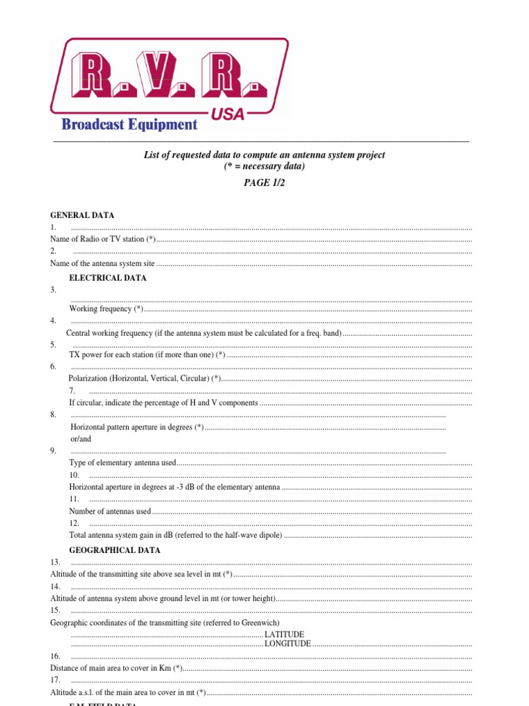 Antenna System Project Data Checklist | PDF