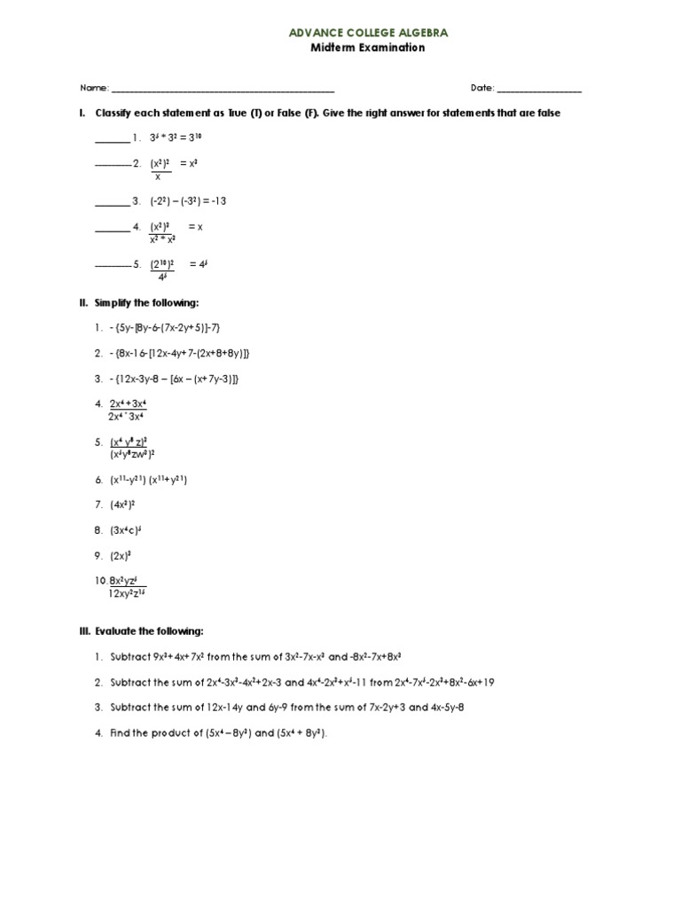 College Algebra Midterm Exam Guide | PDF | Teaching Methods & Materials