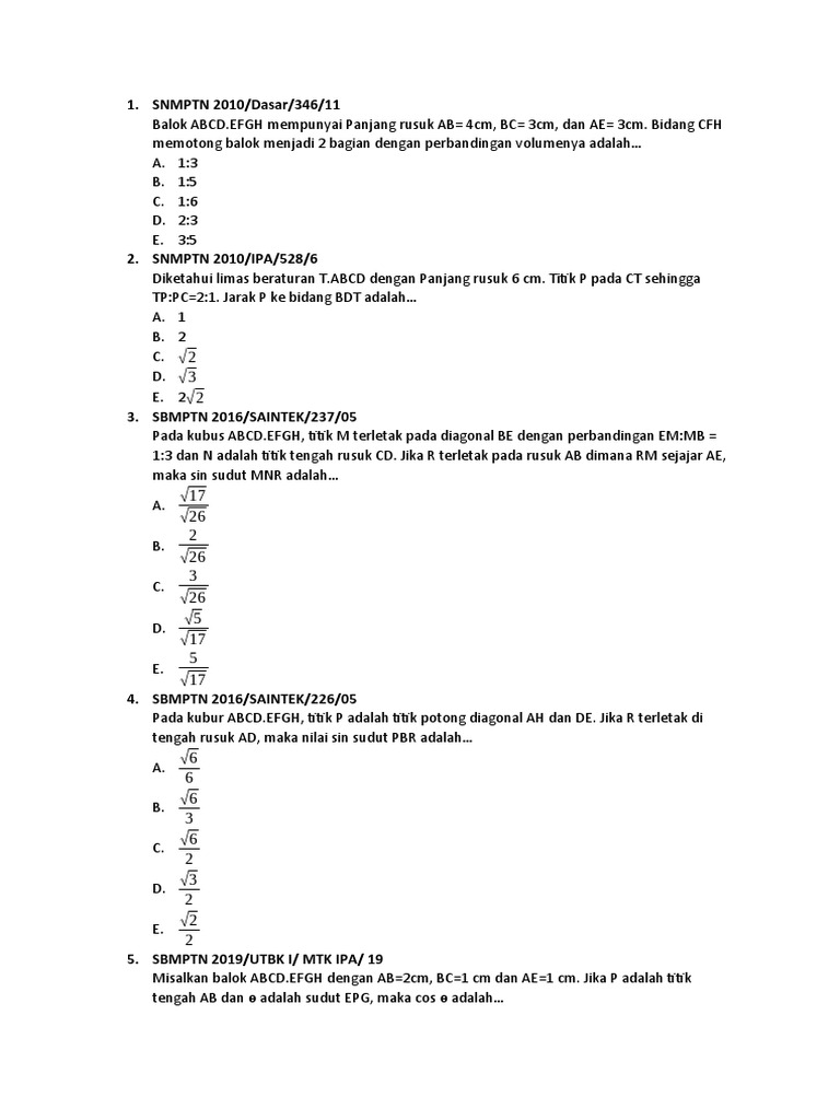 Soal Geometri 3D SNMPTN dan SBMPTN | PDF | Metode & Bahan Ajar