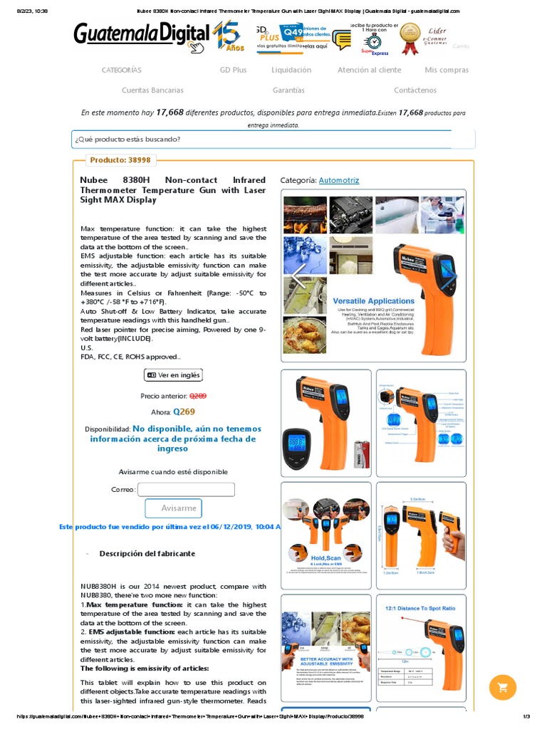 Nubee 8380H NonContact Infrared Thermometer Temperature Gun With Laser