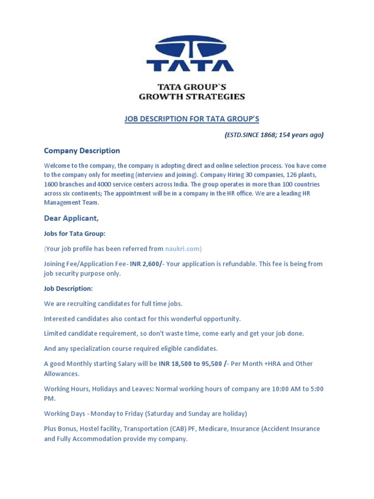 Job Description For Tata Group's (20222023) PDF Banks Financial