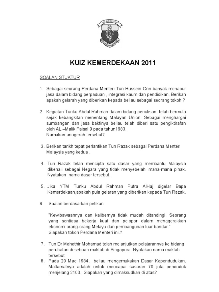 Kuiz Kemerdekaan Soalan Pdf
