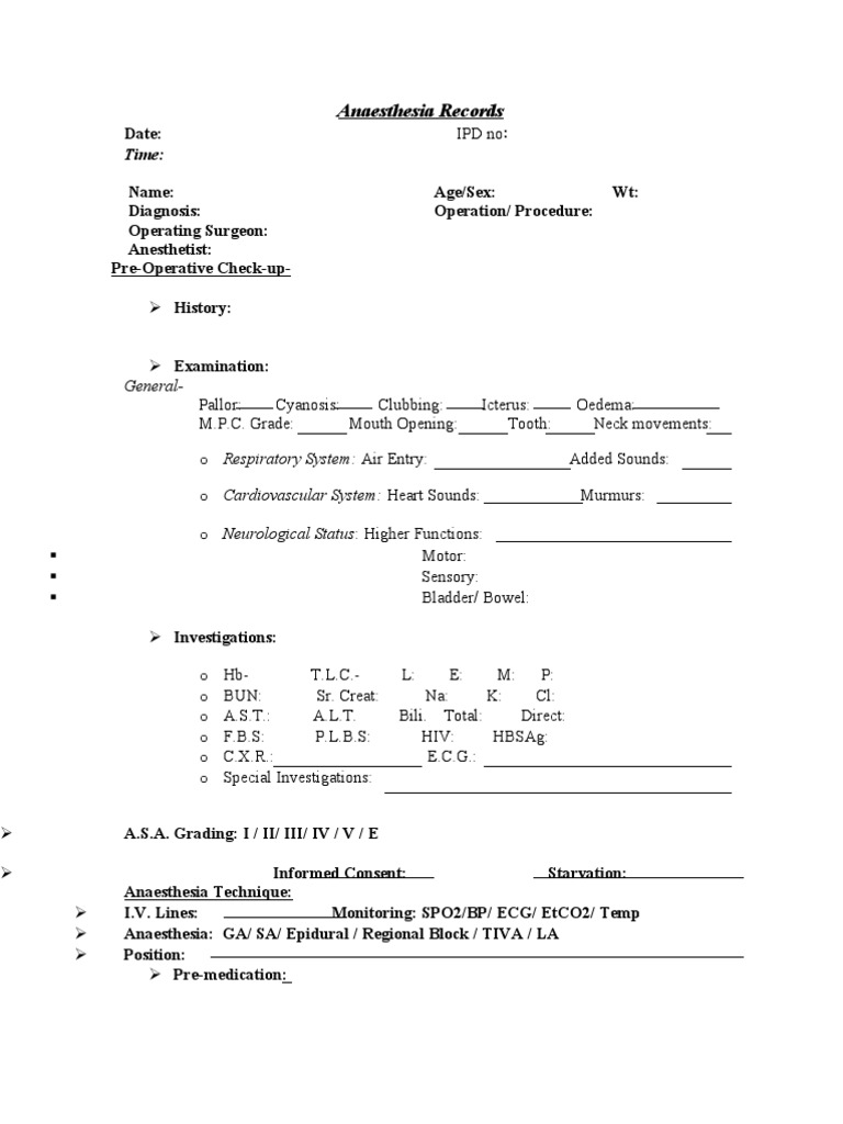 Anaesthesia Record Template | PDF