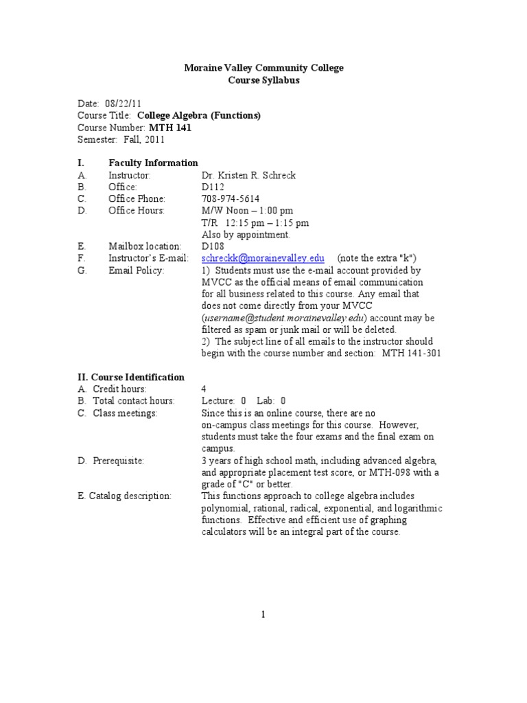 College Algebra Syllabus MTH 141 | PDF | Academic Integrity | Academic ...