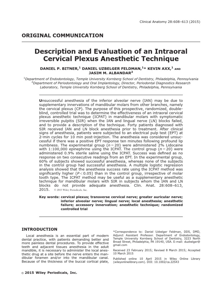 Description and Evaluation of An Intraoral Cervical Plexus Anesthetic