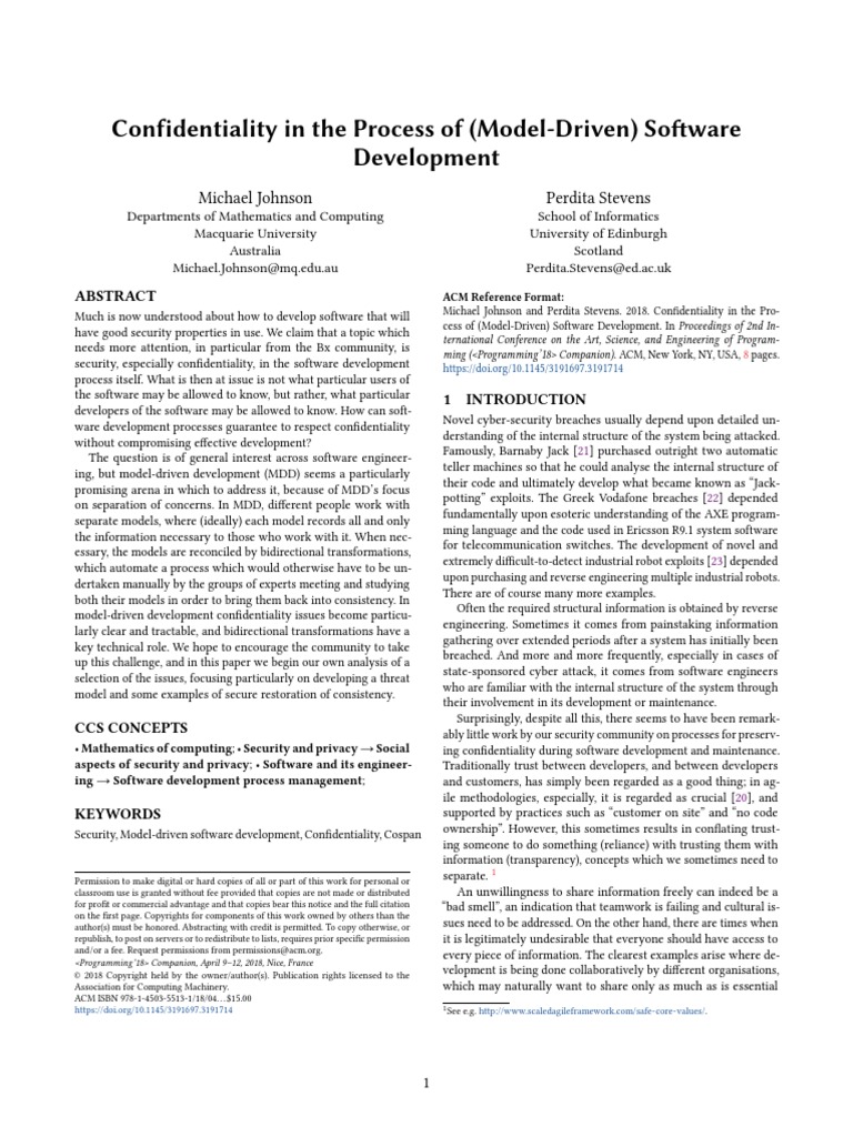 Confidentiality in The Process of (ModelDriven) Software Development