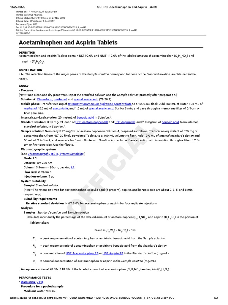 USPNF Acetaminophen and Aspirin Tablets PDF Chromatography Aspirin