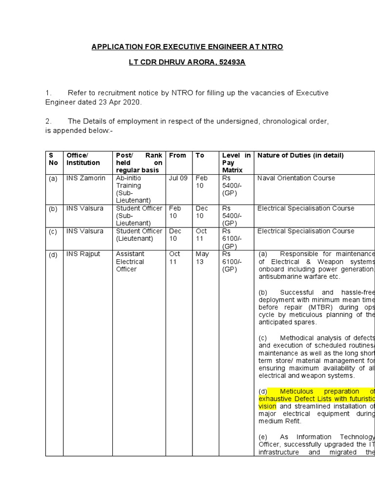 Application For Executive Engineer at Ntro | PDF | Naval Warfare