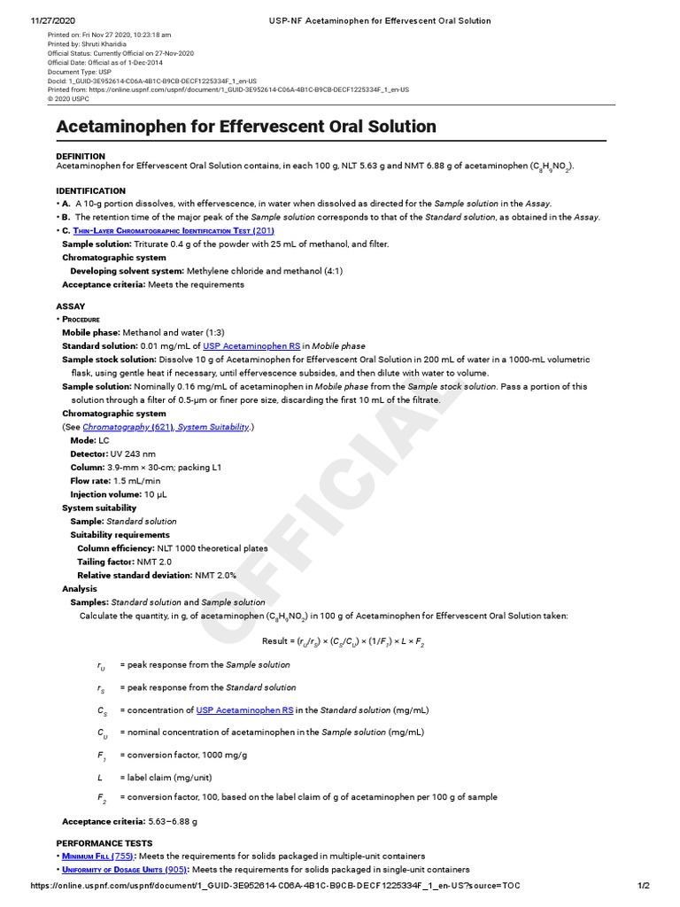 USPNF Acetaminophen For Effervescent Oral Solution PDF