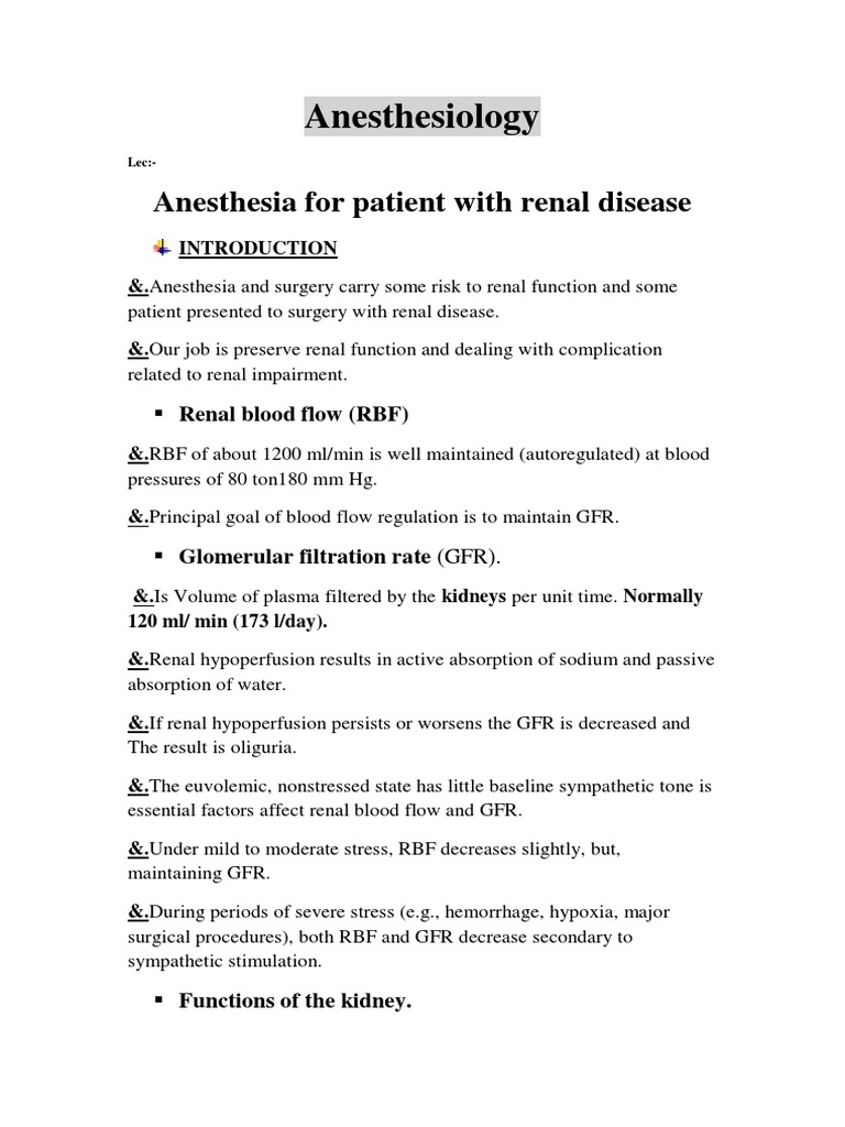 Anesthesia and Renal Disease PDF Kidney Creatinine