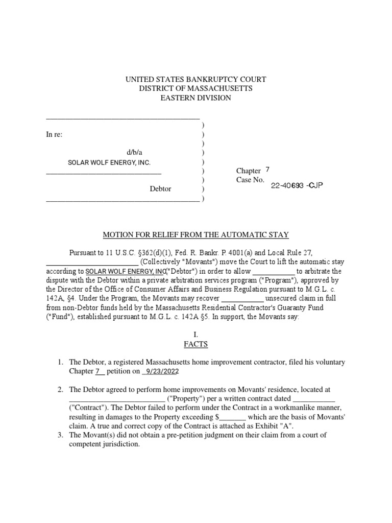 Motion for Relief from Bankruptcy Stay | PDF | Chapter 7 | Bankruptcy