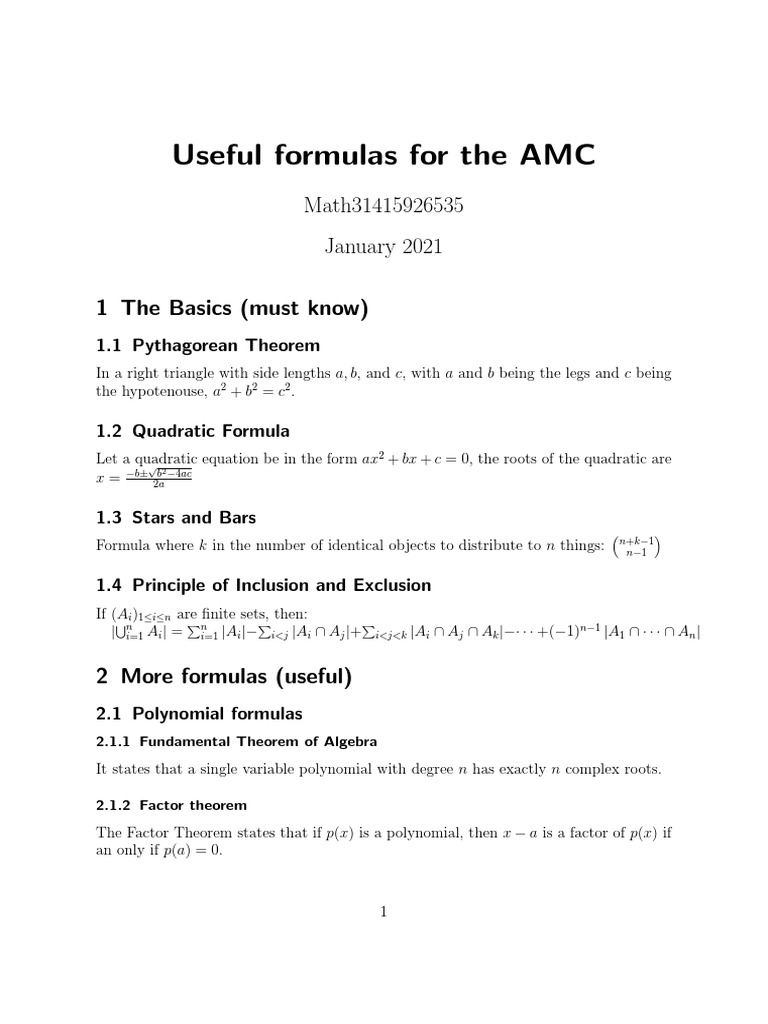 Formulas Useful For The AMC 10 and AMC 12 PDF Mathematics