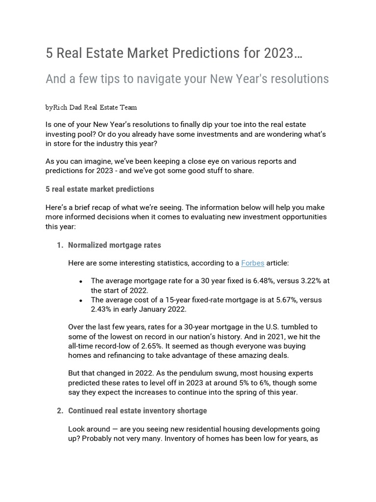 5 Real Estate Market Predictions For 2023 PDF Renting Real Estate