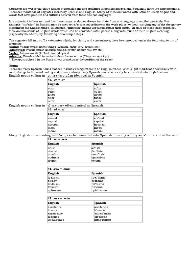 Spanish-English Cognate Guide | PDF | English Language | Noun