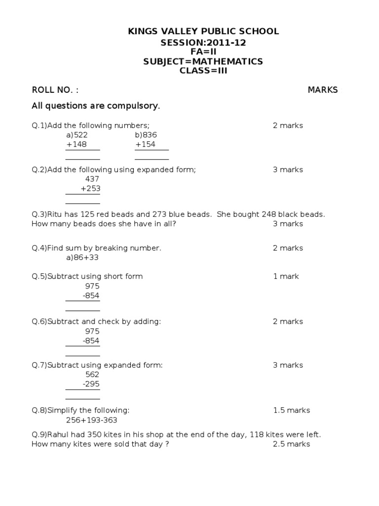 Class III Mathematics Exam Paper | PDF