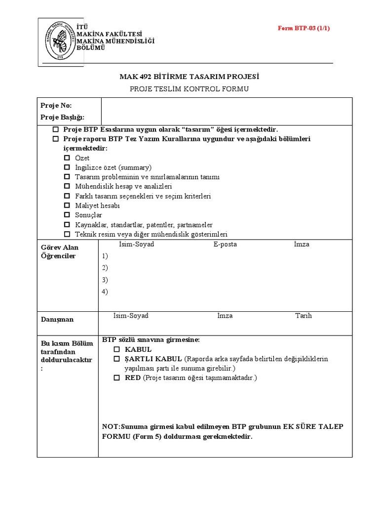 Bitirme Tasarim Projesi Teslim Kontrol Formu | PDF