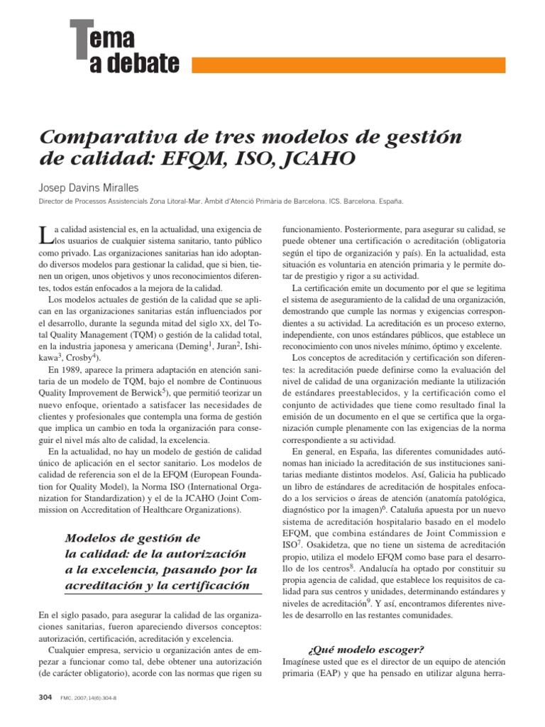 Comparativa de modelos de calidad: EFQM, ISO, JCAHO | PDF | Negocios ...